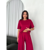 Osy Yumuşak Dokulu Kumaş Bisiklet Yaka T-Shirt Bol Paça Pantalon Ikili Takım -Bordo