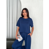 Osy Yumuşak Dokulu Kumaş Bisiklet Yaka T-Shirt Bol Paça Pantalon Ikili Takım -Saks Mavi