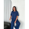 Osy Yumuşak Dokulu Kumaş Bisiklet Yaka T-Shirt Bol Paça Pantalon Ikili Takım -Saks Mavi