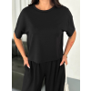 Osy Yumuşak Dokulu Kumaş Bisiklet Yaka T-Shirt Bol Paça Pantalon Ikili Takım -Siyah