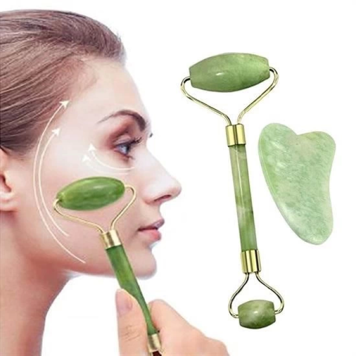Çift Taraflı 2Li Cilt Yüz Masaj Aleti Jade Roller Yeşim  Taşı Seti