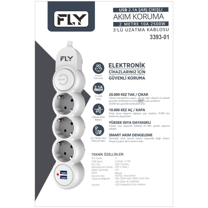 Fly 3393-01, 3 Soket, 2 Usb, Akım Korumalı Priz, 2.1A, Anahtarlı, 2Mt Kablo, (Beyaz)