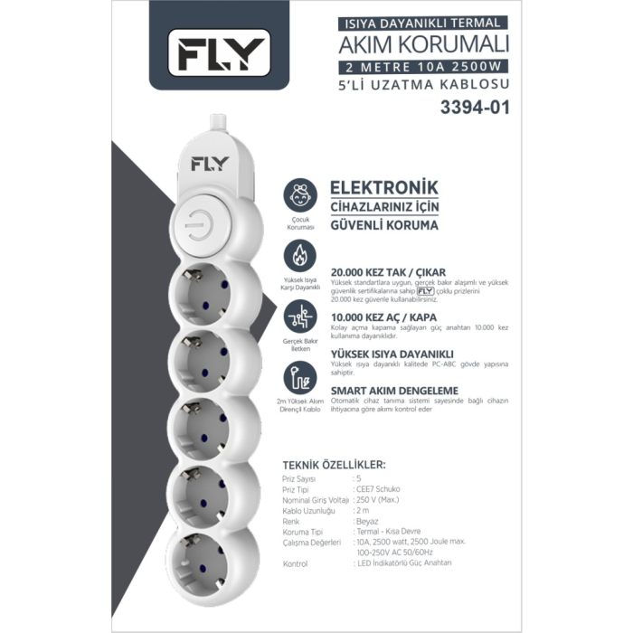 Fly 3394-01, 5 Soket, Akım Korumalı Priz, 2.1A, Anahtarlı, 2Mt Kablo, (Beyaz)