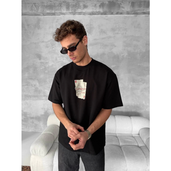 Ön Ve Arka Baskılı Oversize Bisiklet Yaka T-Shirt - Siyah
