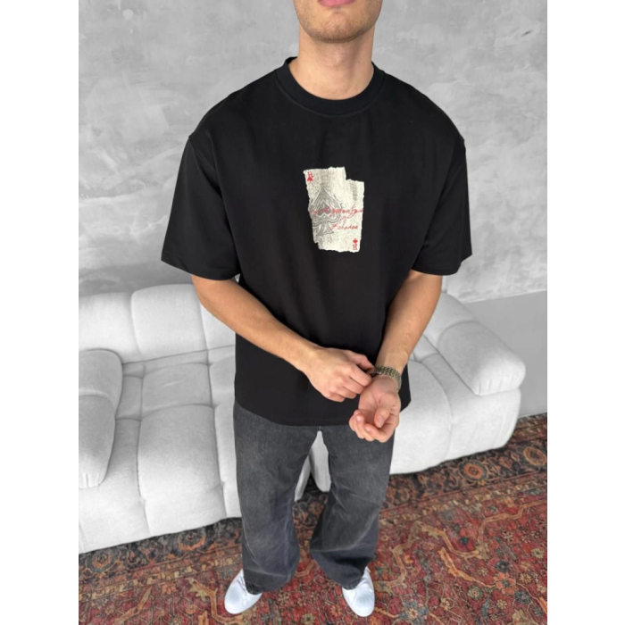 Ön Ve Arka Baskılı Oversize Bisiklet Yaka T-Shirt - Siyah