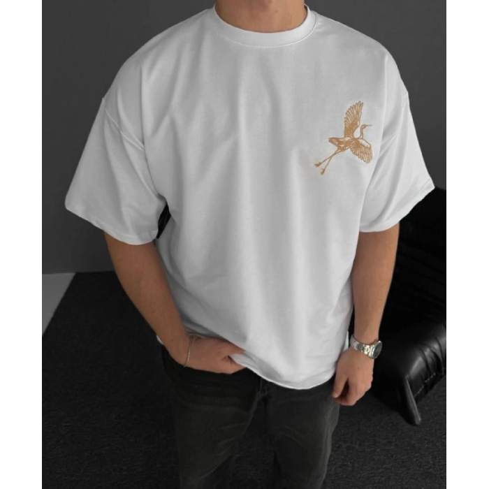 Ön Ve Arka Baskılı Oversize Bisiklet Yaka T-Shirt - Beyaz