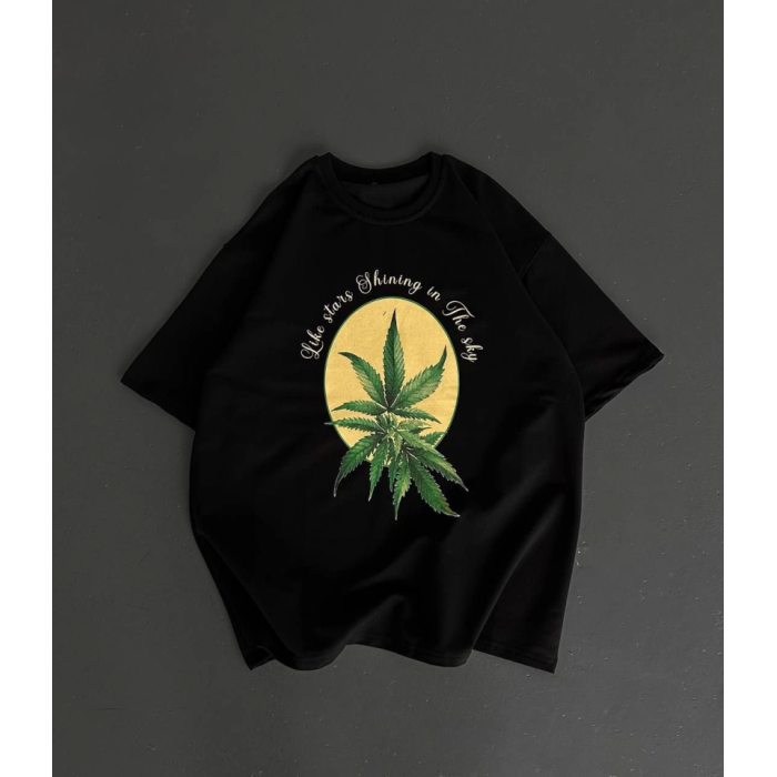 Ön Ve Arka Baskılı Oversize Bisiklet Yaka T-Shirt- Siyah