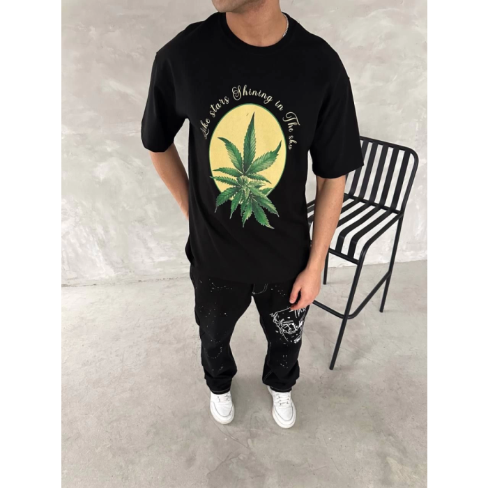 Ön Ve Arka Baskılı Oversize Bisiklet Yaka T-Shirt- Siyah