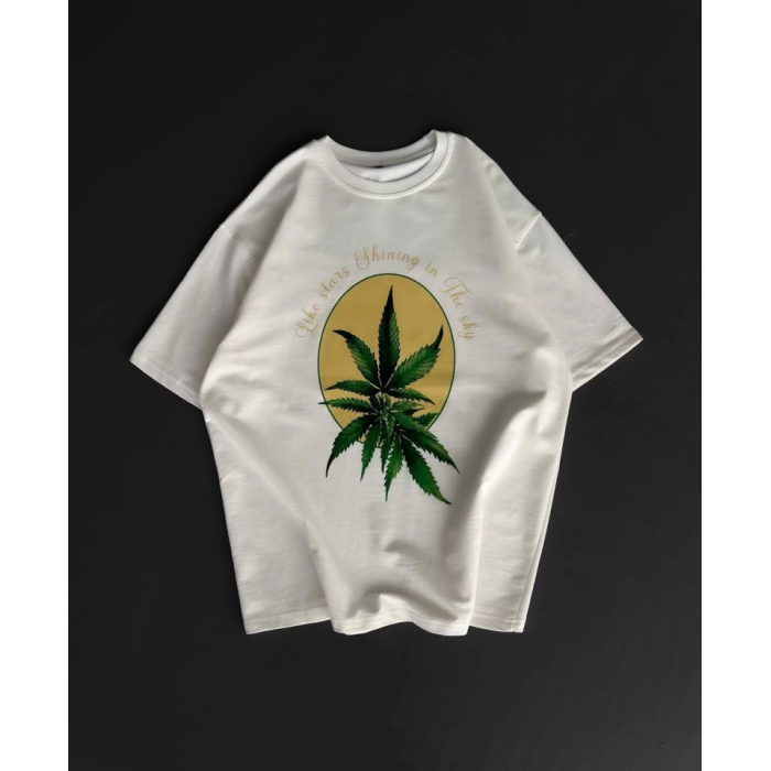 Ön Ve Arka Baskılı Oversize Bisiklet Yaka T-Shirt- Beyaz