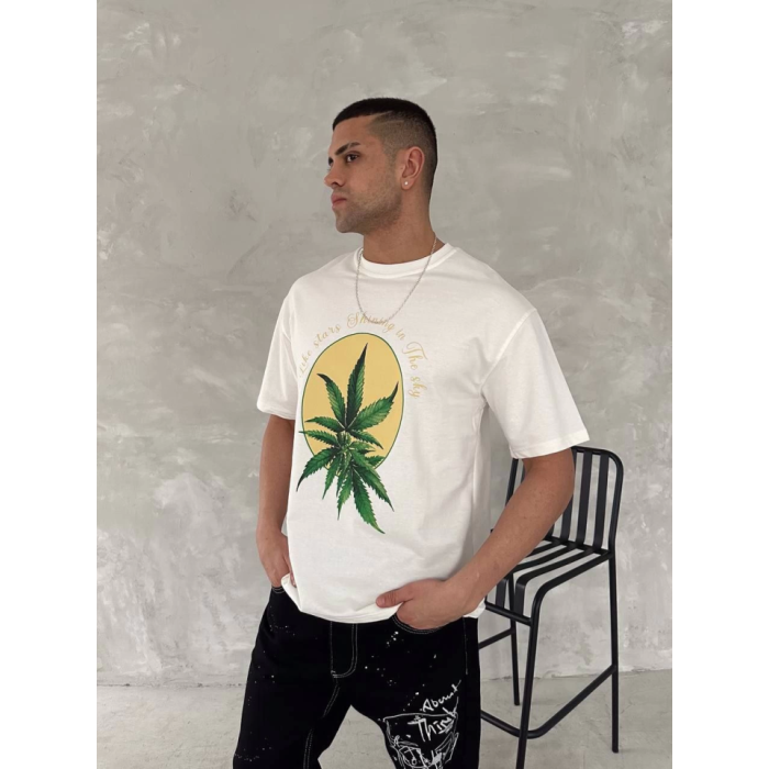 Ön Ve Arka Baskılı Oversize Bisiklet Yaka T-Shirt- Beyaz