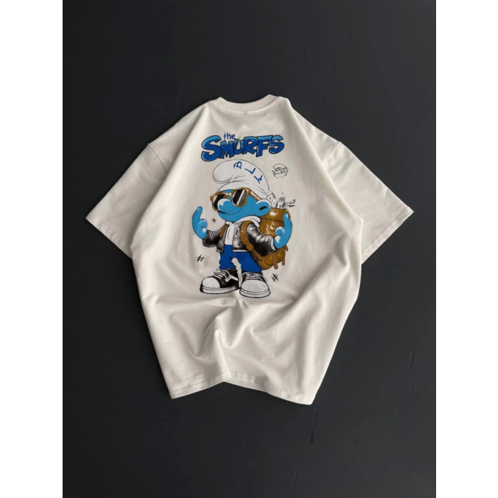 Ön Ve Arka Baskılı Oversize Bisiklet Yaka T-Shirt- Beyaz
