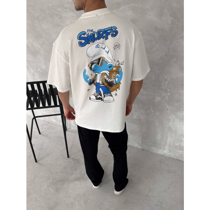 Ön Ve Arka Baskılı Oversize Bisiklet Yaka T-Shirt- Beyaz