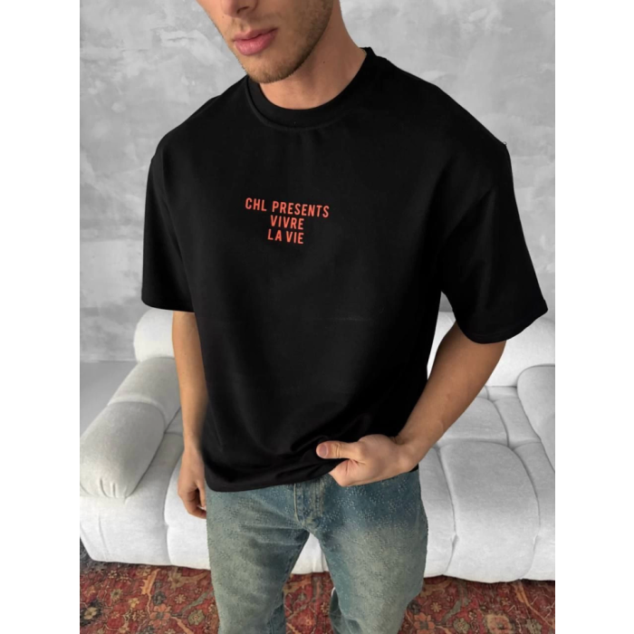Ön Ve Arka Baskılı Oversize Bisiklet Yaka T-Shirt- Siyah
