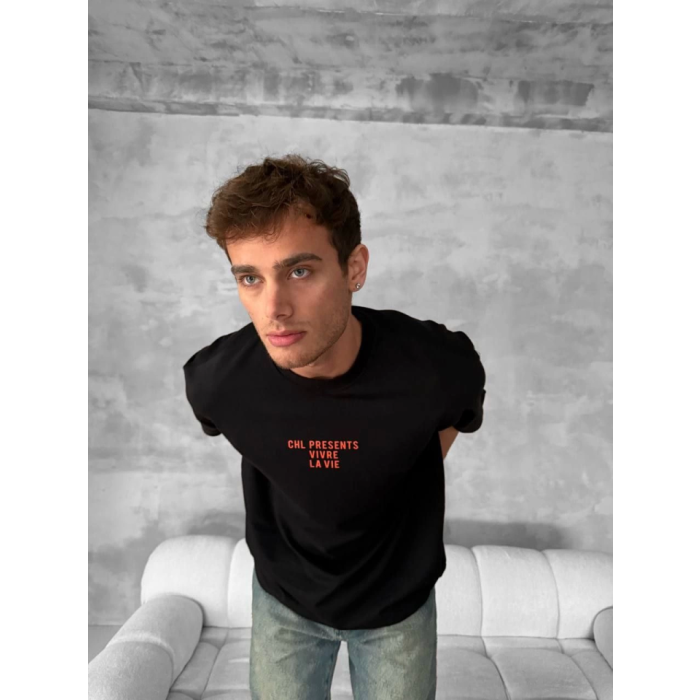 Ön Ve Arka Baskılı Oversize Bisiklet Yaka T-Shirt- Siyah