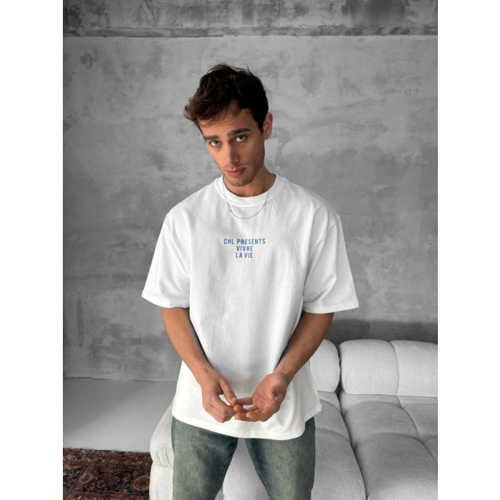 Ön Ve Arka Baskılı Oversize Bisiklet Yaka T-Shirt- Beyaz