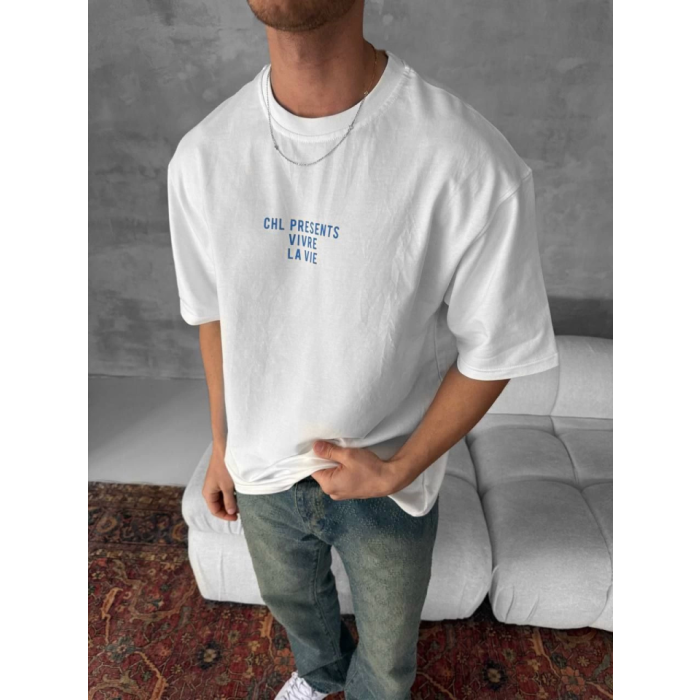 Ön Ve Arka Baskılı Oversize Bisiklet Yaka T-Shirt- Beyaz
