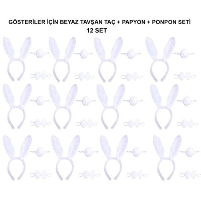 Beyaz Tavşan Kostüm Seti – Taç, Papyon, Kuyruk (12’Li Paket)