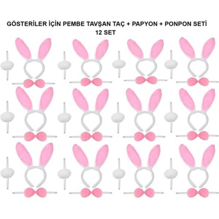 Pembe Tavşan Kostüm Seti – Taç, Papyon, Ponpon (12’Li Paket)