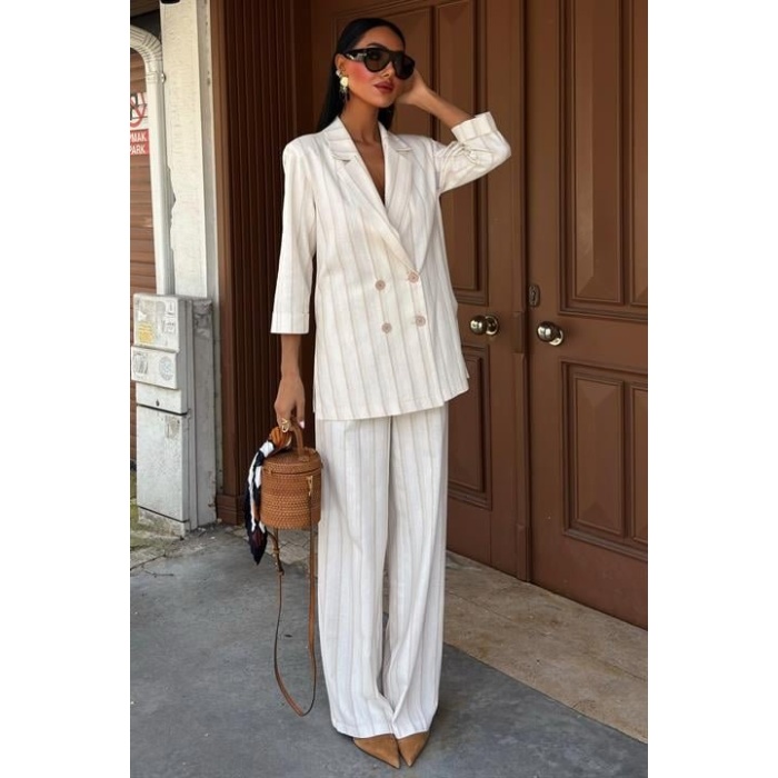 Blazer Ceketli Çizgili Keten Takım 10186