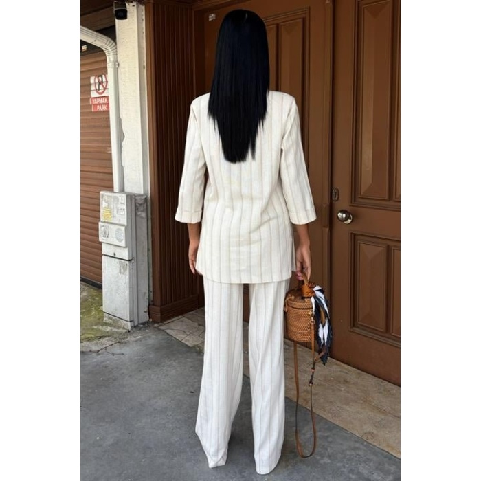 Blazer Ceketli Çizgili Keten Takım 10186