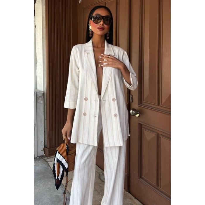 Blazer Ceketli Çizgili Keten Takım 10186