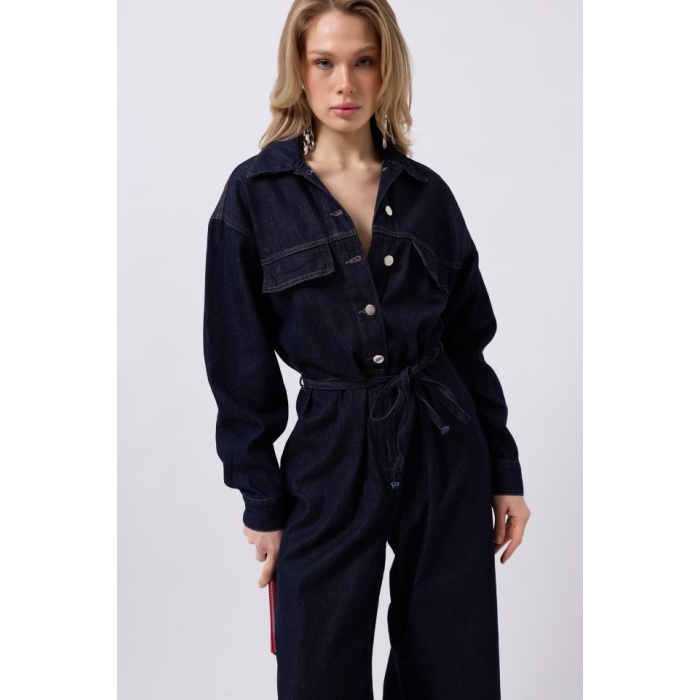 Düğme Detaylı Denim Tulum