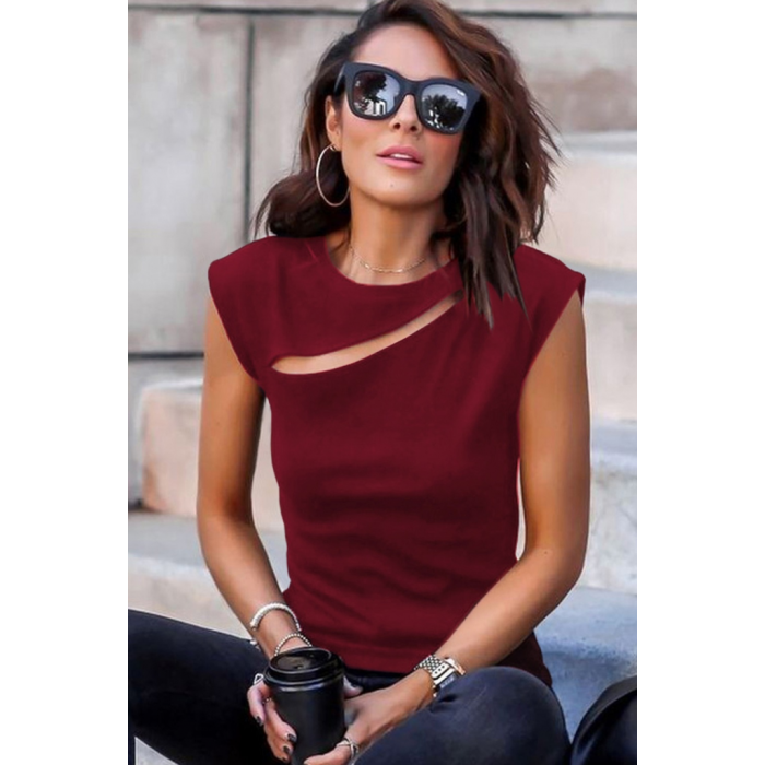 Kadın Sıfır Kol Pencere Detay Viskon T-Shirt