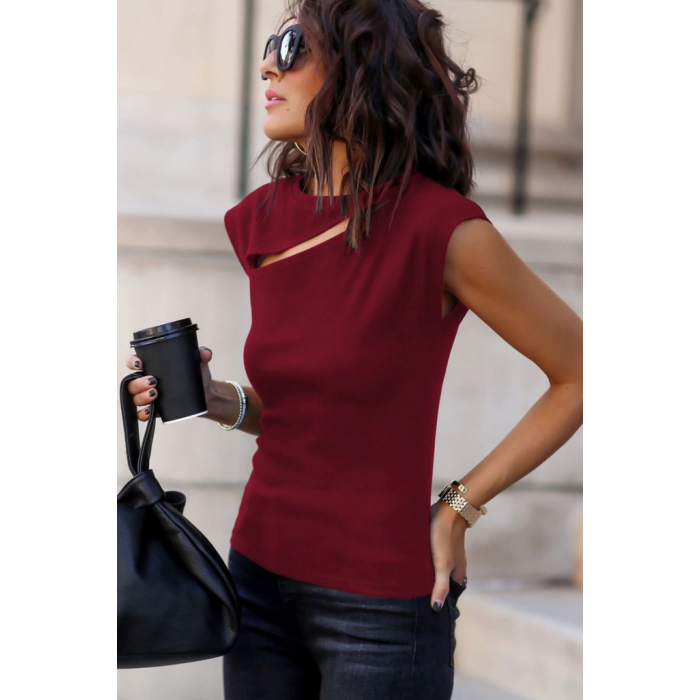 Kadın Sıfır Kol Pencere Detay Viskon T-Shirt