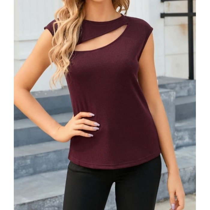 Kadın Sıfır Kol Pencere Detay Viskon T-Shirt