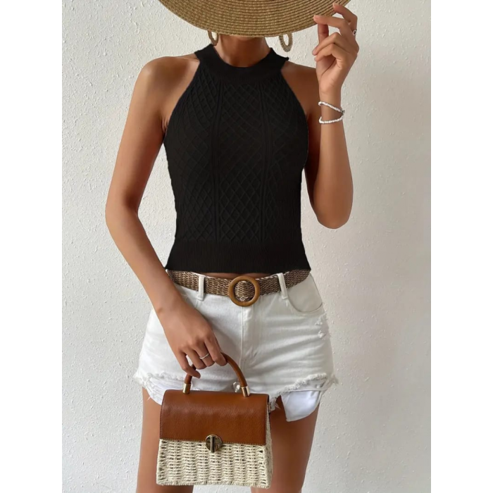 Kadın Kolsuz Halter Yaka Mini Baklava Desenli Triko Bluz