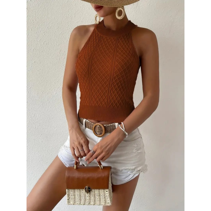 Kadın Kolsuz Halter Yaka Mini Baklava Desenli Triko Bluz