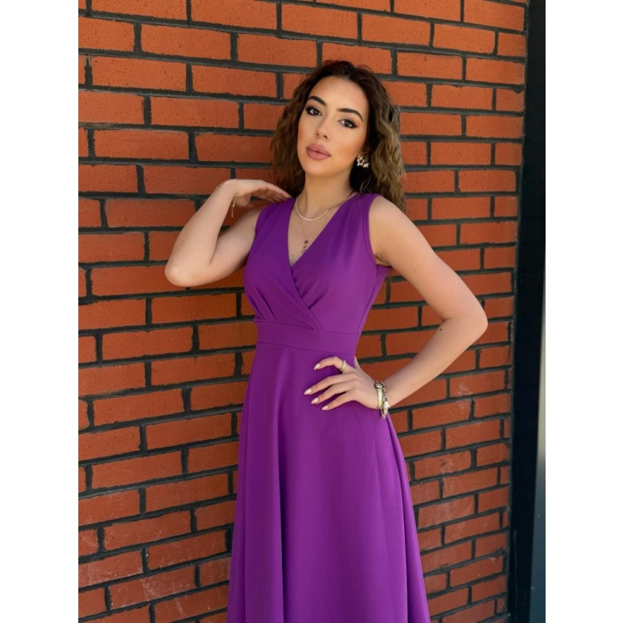 Kadın Ithal Krep Kumaş Kruvaze Yaka Eteği Kloş Kolsuz Midi Elbise