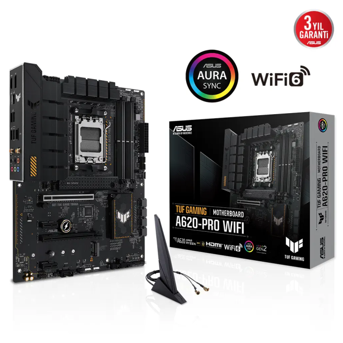 Asus Tuf Gaming A620-Pro Wifi, 4Xddr5, 2X M.2, Hdmi, Dp, Type-C, Am5 Soket Gaming Anakart