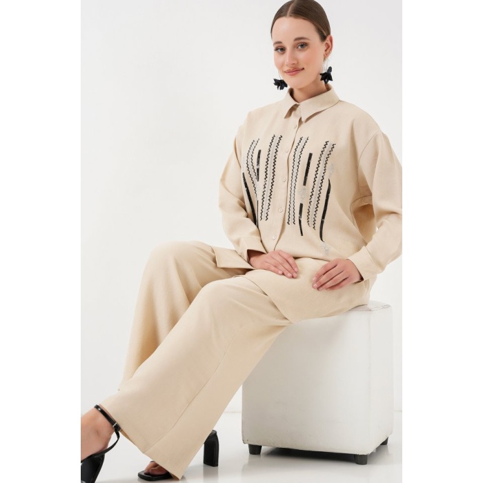 Desenli Tunik Pantolon İkili Takım 6720 - Krem