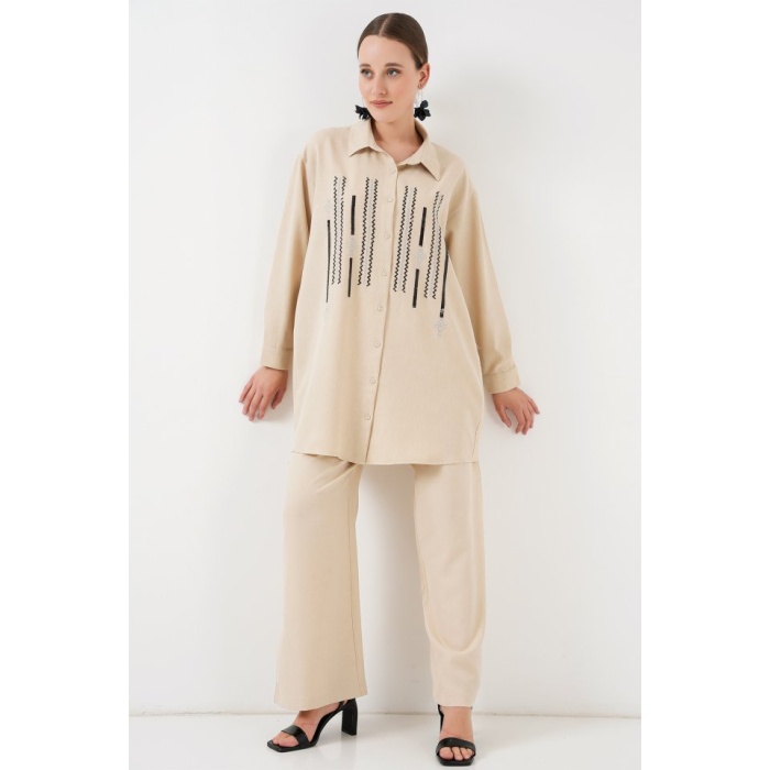 Desenli Tunik Pantolon İkili Takım 6720 - Krem