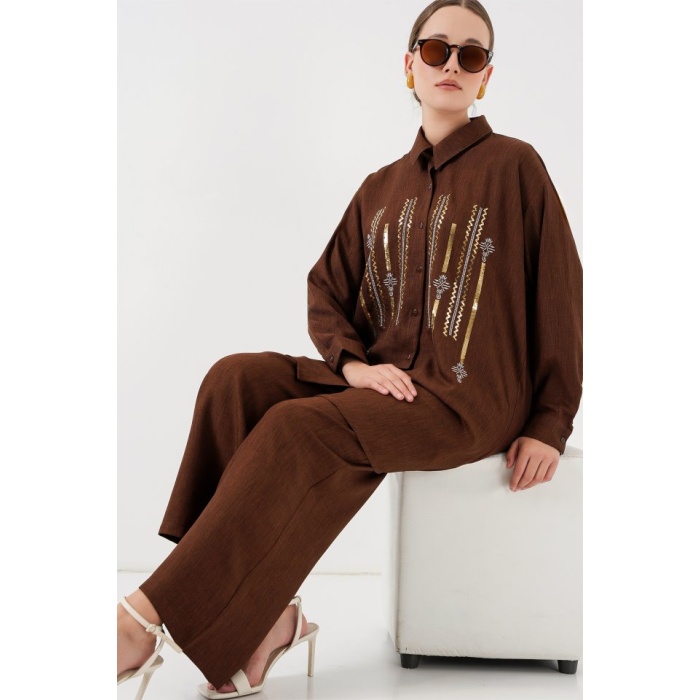 Desenli Tunik Pantolon İkili Takım 6720 - Kahverengi