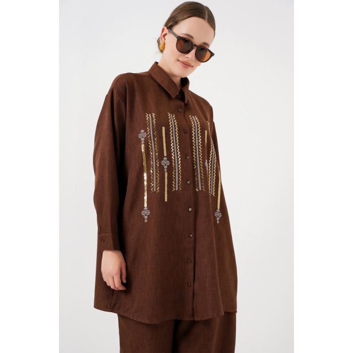 Desenli Tunik Pantolon İkili Takım 6720 - Kahverengi