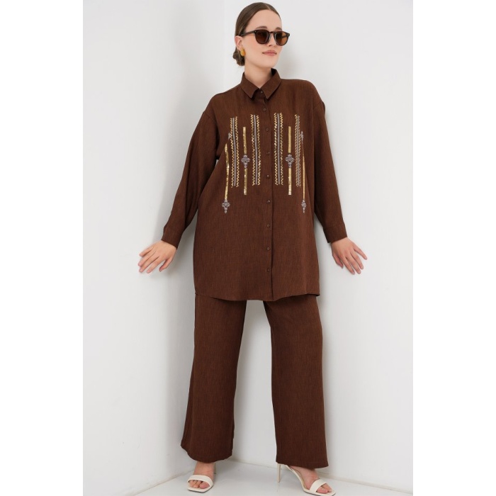 Desenli Tunik Pantolon İkili Takım 6720 - Kahverengi