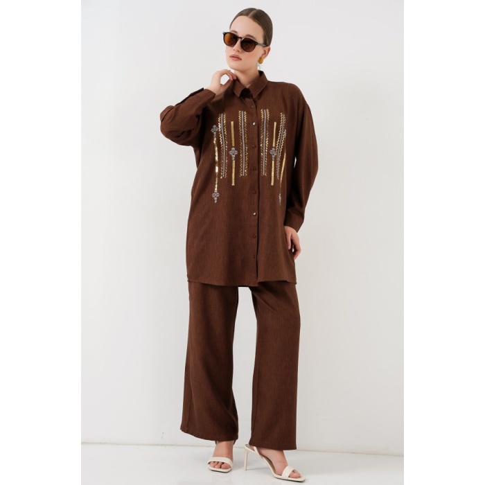 Desenli Tunik Pantolon İkili Takım 6720 - Kahverengi