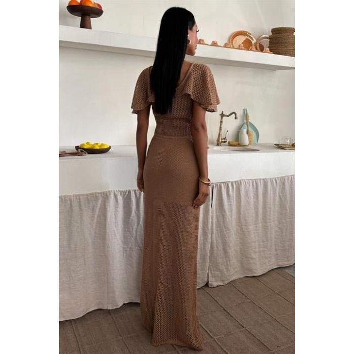 Derin Yakalı Ve File Detaylı Triko Elbise 2867