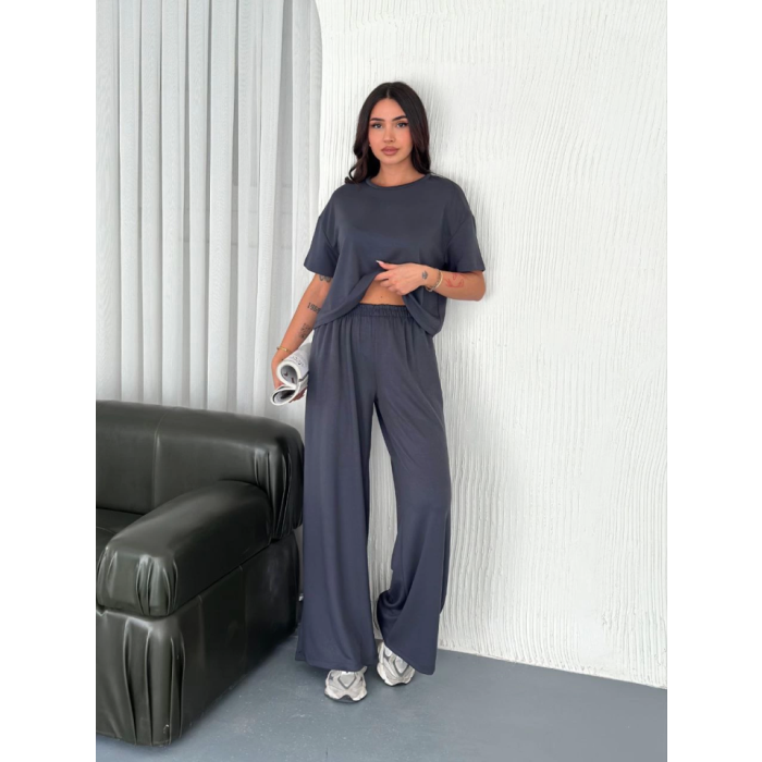 Osy Yumuşak Dokulu Kumaş Bisiklet Yaka T-Shirt Bol Paça Pantalon Ikili Takım -Antrasit