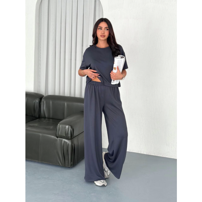 Osy Yumuşak Dokulu Kumaş Bisiklet Yaka T-Shirt Bol Paça Pantalon Ikili Takım -Antrasit