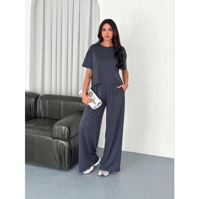Osy Yumuşak Dokulu Kumaş Bisiklet Yaka T-Shirt Bol Paça Pantalon Ikili Takım -Antrasit