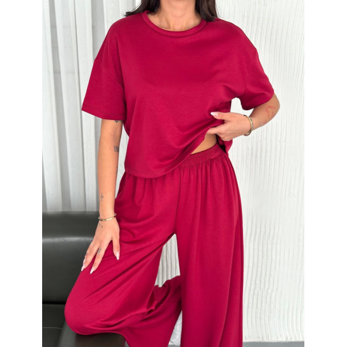 Osy Yumuşak Dokulu Kumaş Bisiklet Yaka T-Shirt Bol Paça Pantalon Ikili Takım -Bordo