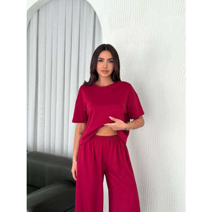 Osy Yumuşak Dokulu Kumaş Bisiklet Yaka T-Shirt Bol Paça Pantalon Ikili Takım -Bordo