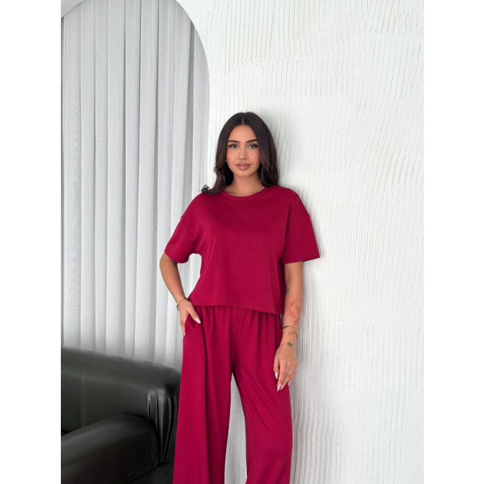 Osy Yumuşak Dokulu Kumaş Bisiklet Yaka T-Shirt Bol Paça Pantalon Ikili Takım -Bordo