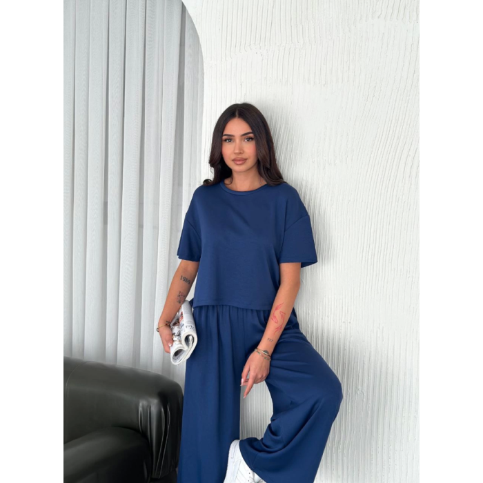 Osy Yumuşak Dokulu Kumaş Bisiklet Yaka T-Shirt Bol Paça Pantalon Ikili Takım -Saks Mavi
