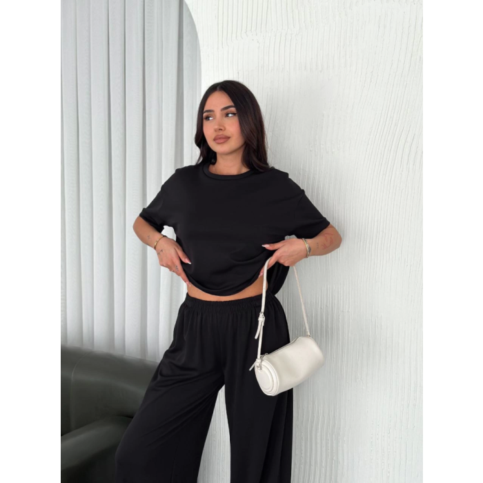 Osy Yumuşak Dokulu Kumaş Bisiklet Yaka T-Shirt Bol Paça Pantalon Ikili Takım -Siyah