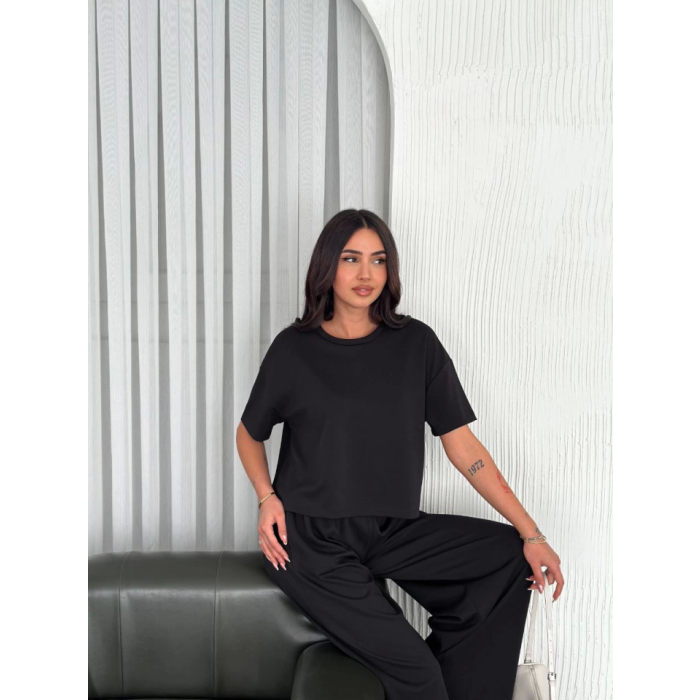 Osy Yumuşak Dokulu Kumaş Bisiklet Yaka T-Shirt Bol Paça Pantalon Ikili Takım -Siyah