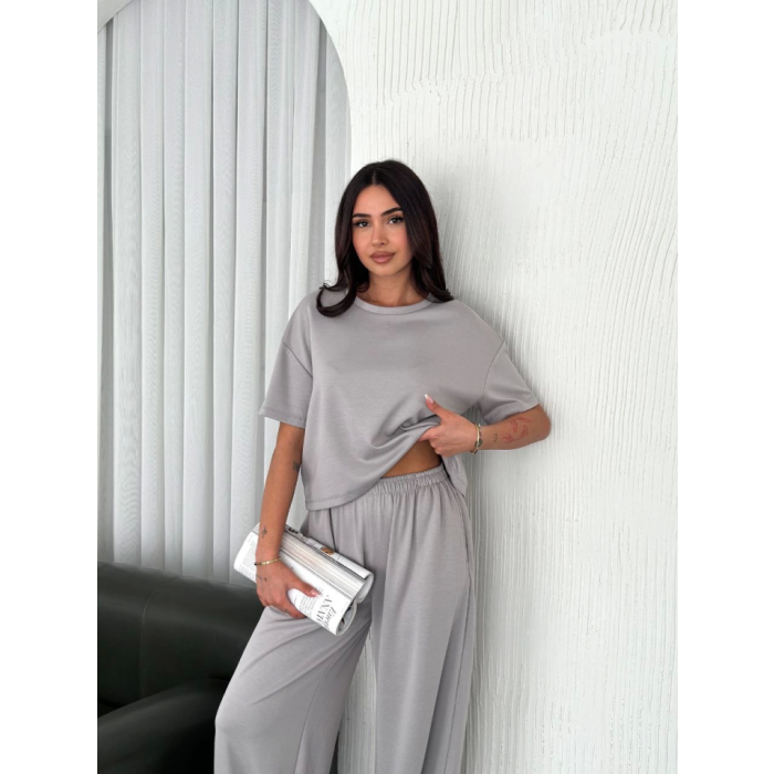 Osy Yumuşak Dokulu Kumaş Bisiklet Yaka T-Shirt  Bol Paça Pantalon Ikili Takım - Boyalı Gri